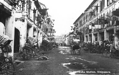 Rickshaws and Chinese shophouses in Singapore, c. 1910